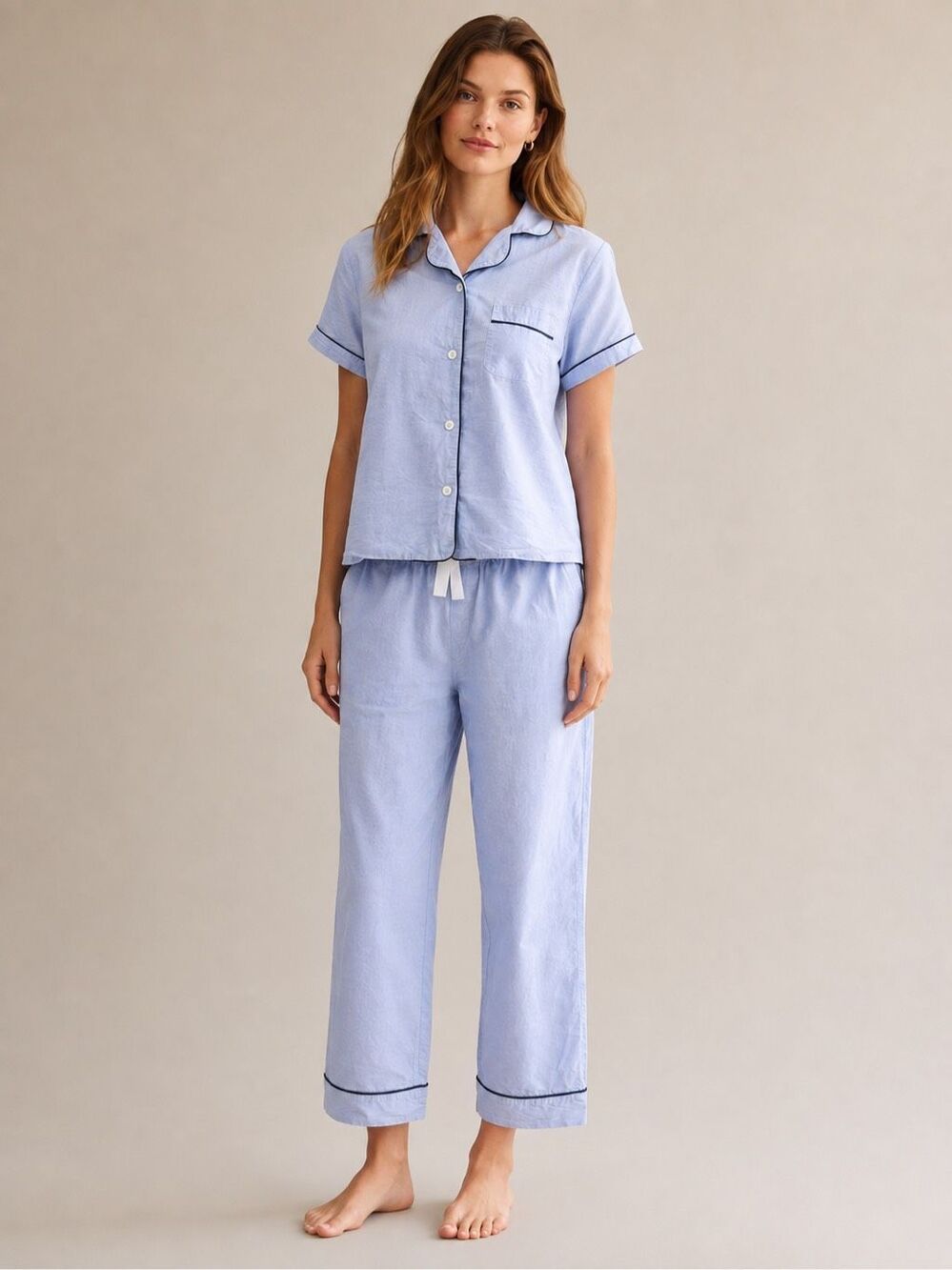 J.Crew Blue Cotton Pajama Sleep Set | Short Sleeve Button-Up & Pants XS $138 E34